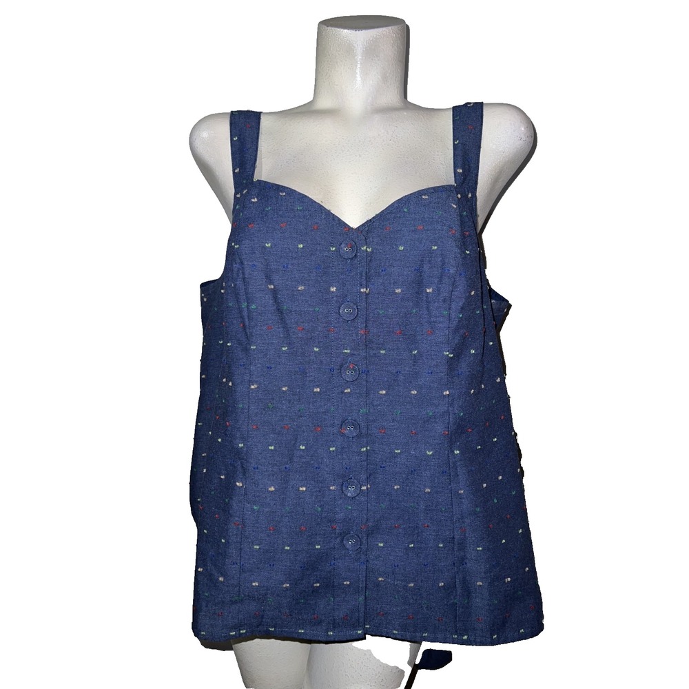 ModCloth Womens Plus 1X Denim Blue Rainbow Accent Tie Back Crop Shirt Top